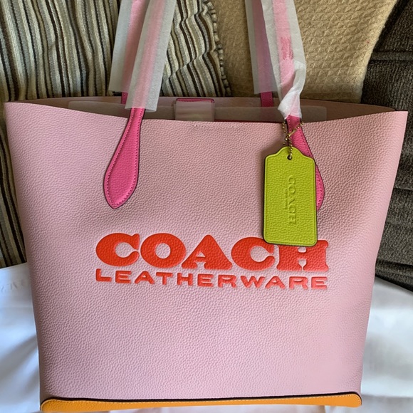 SOLD⛔️Authentic COACH Colorblock Pebbled natural leather snap Logo large tote - Picture 13 of 16